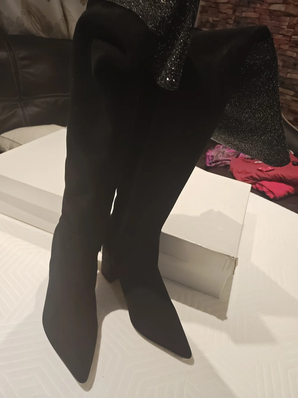 Black Glitter Cuff Over-the-Knee Block Heel Boots 39